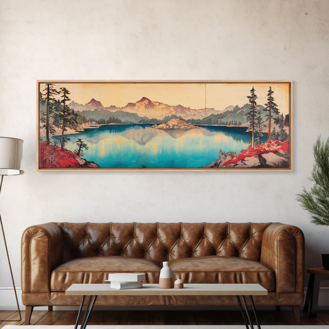 Turquoise Alpine Lake And Pine Mountain Wall Art, Panoramic Landscape Canvas Print, Rustic Cabin Living Room Home Decor Print
