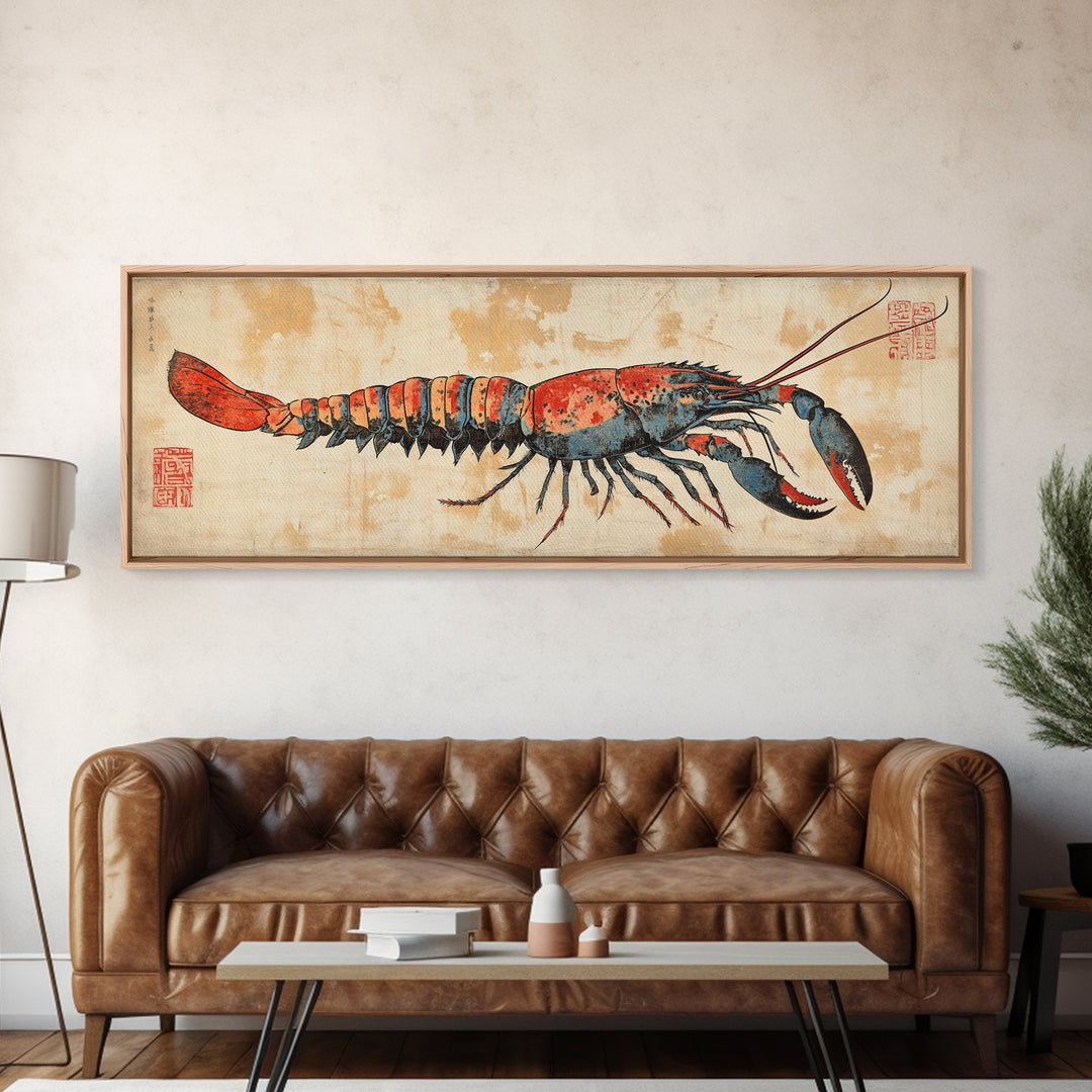 Red Lobster Illustration On Aged Parchment Wall Art, Nautical Seafood Canvas Print, Coastal Kitchen Dining Room Decor Foodie Gift