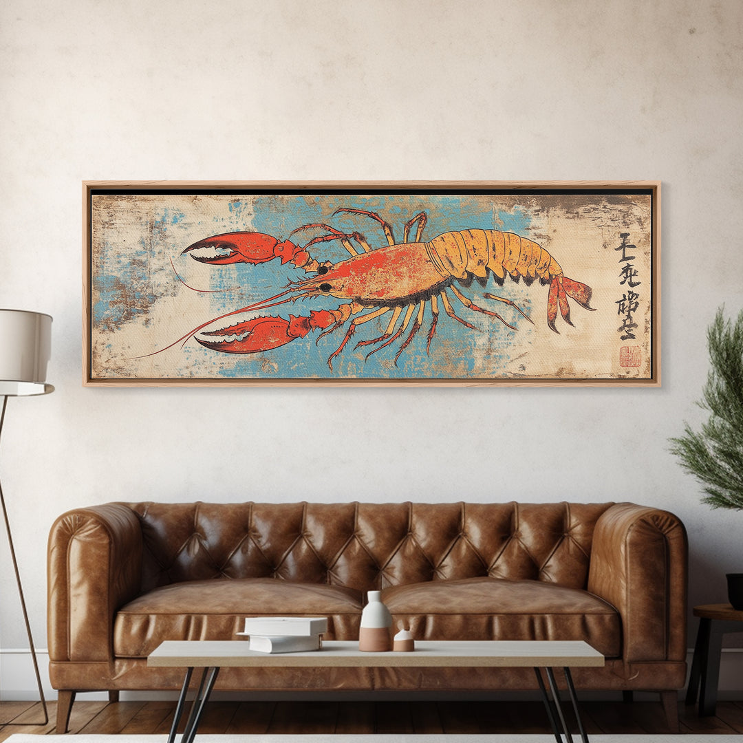 Orange Lobster On Weathered Blue Background Wall Art, Nautical Seafood Canvas Print, Coastal Kitchen Dining Room Decor Gift