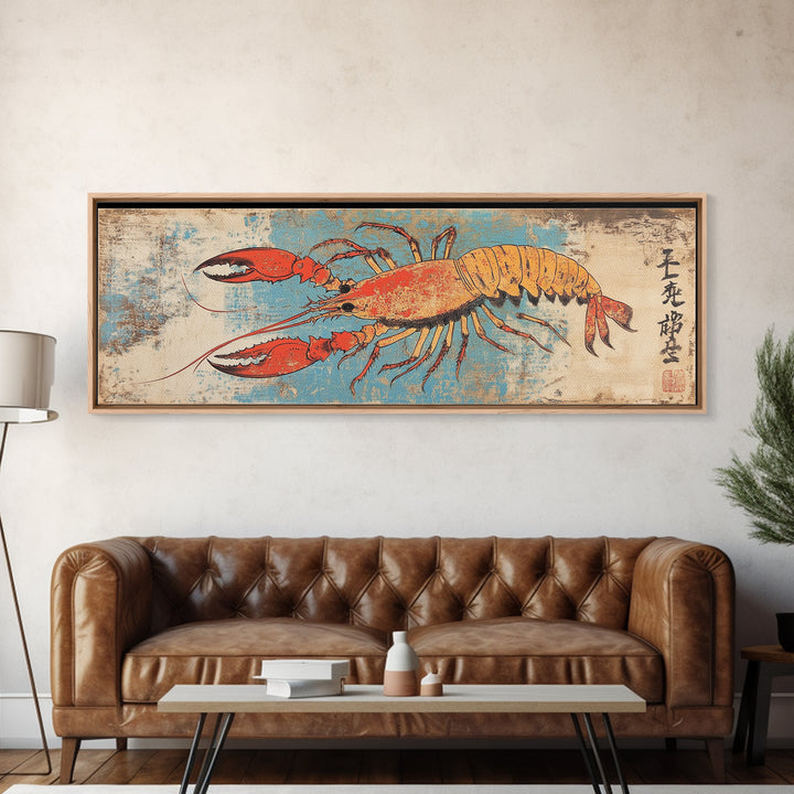 Orange Lobster On Weathered Blue Background Wall Art, Nautical Seafood Canvas Print, Coastal Kitchen Dining Room Decor Gift