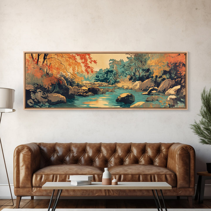 Autumn Forest River With Rocks Wall Art, Rustic Landscape Canvas Print, Warm Nature Living Room Cozy Cabin Home Decor Gift