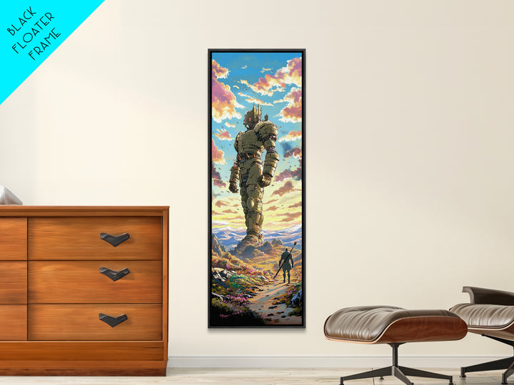 Colossal Stone Golem In Sunset Valley Wall Art, Fantasy Landscape Canvas Print, Epic Sci Fi Decor For Gamer Room And Living Room