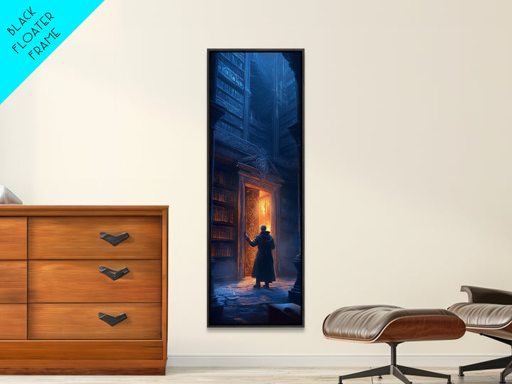 Glowing Portal Door In Dark Gothic Library Wall Art, Fantasy Bookstore Canvas Print, Dark Academia Decor For Reading Nook
