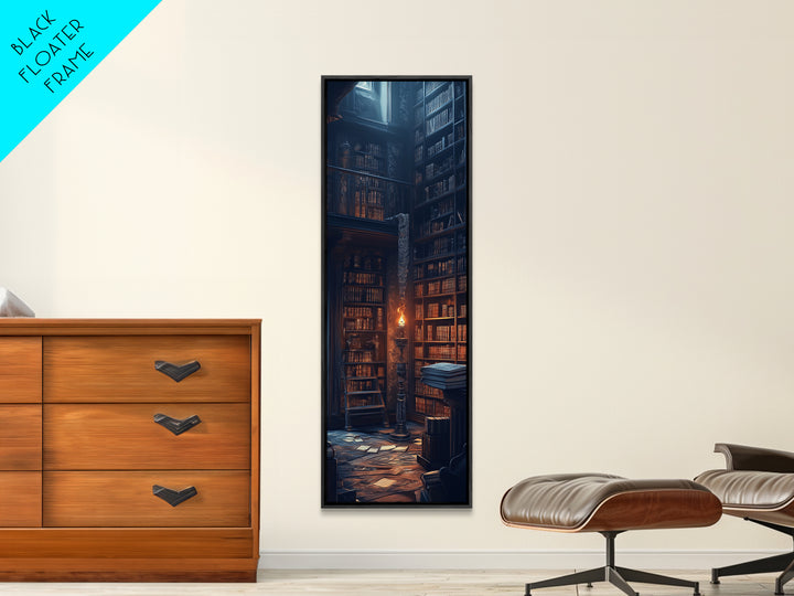 Moody Old Library With Tall Shelves And Candlelight Wall Art, Dark Academia Canvas Print, Gothic Home Library Wall Decor