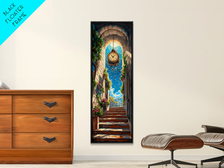 Golden Hanging Clock In Sunlit Stone Alley Wall Art, Fantasy City Canvas Print, Whimsical Travel Poster, Entryway Decor Gift