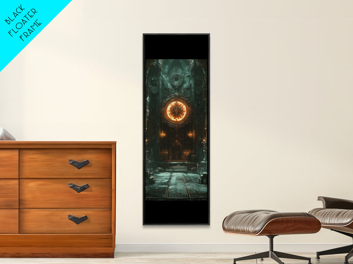 Glowing Astral Clock Door In Gothic Hall Wall Art, Dark Fantasy Canvas Print, Steampunk Decor, Moody Entryway Art For Office