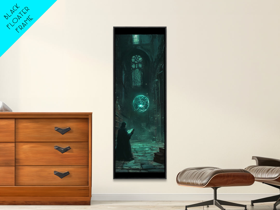 Dark Gothic Library With Teal Magic Orb Wall Art, Fantasy Castle Decor, Dark Academia Print, Moody Reading Nook Artwork Gift