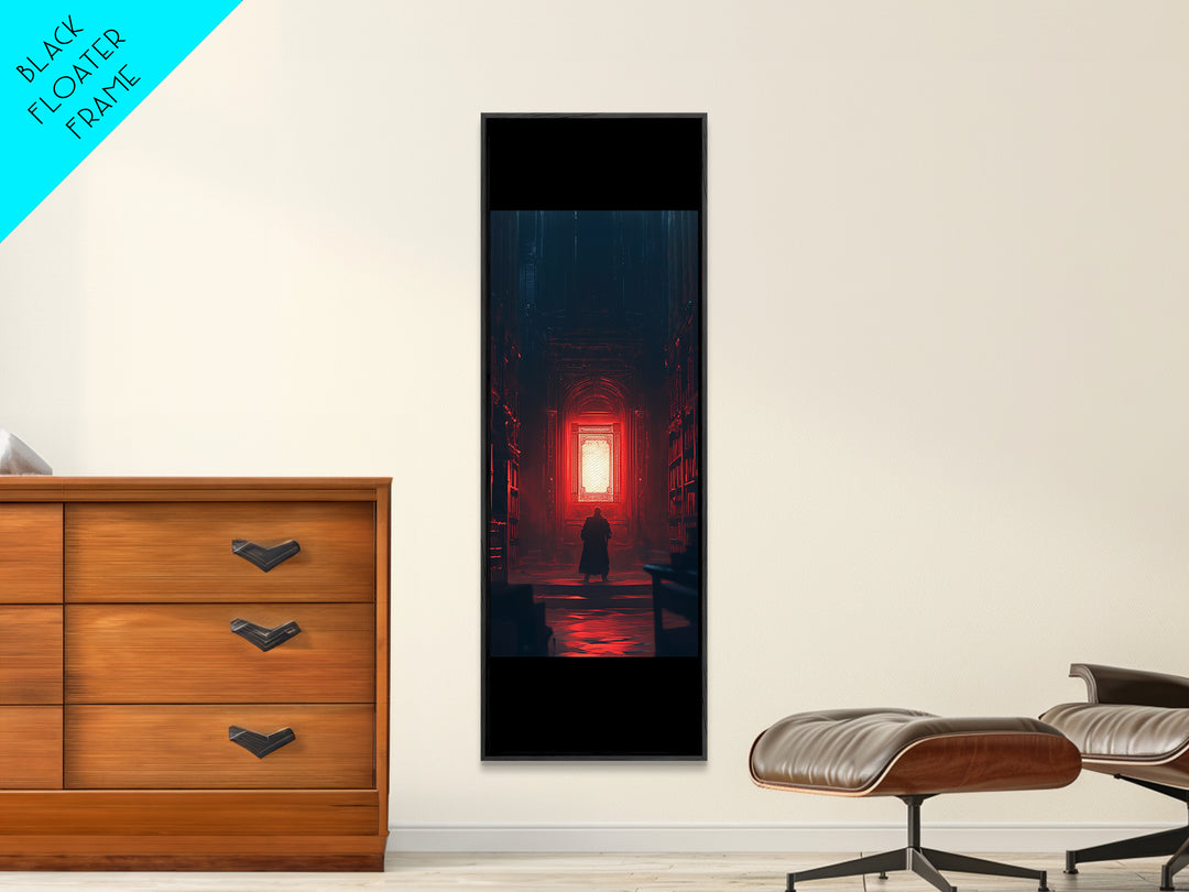 Red Glowing Door In Dark Library Wall Art, Gothic Framed Canvas Print, Dark Academia Decor, Moody Fantasy Artwork Gift For Him