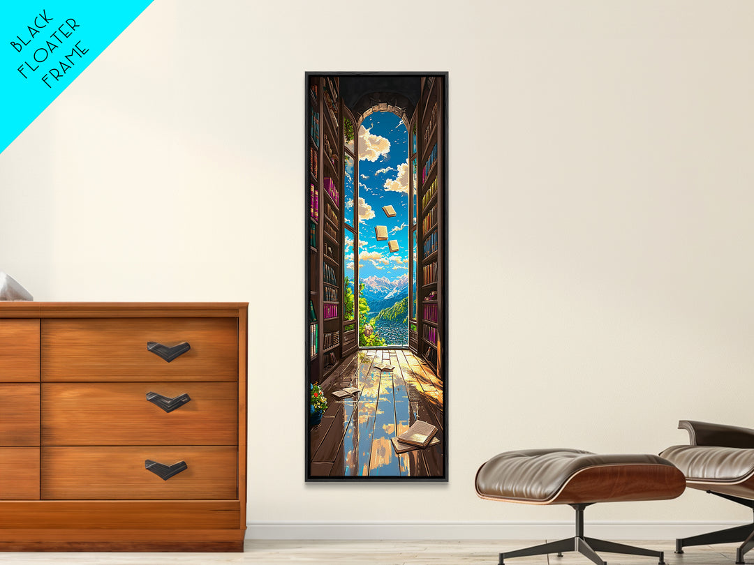 Magical Library Doorway With Floating Books Wall Art, Mountain View Canvas Print, Book Lover Decor, Reading Nook Home Office Gift