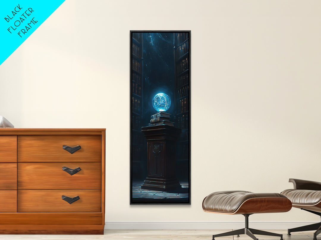 Glowing Blue Orb In Dark Library Framed Canvas Print, Fantasy Wall Decor, Mystical Bookish Art For Dark Academia Reading Nook Decor