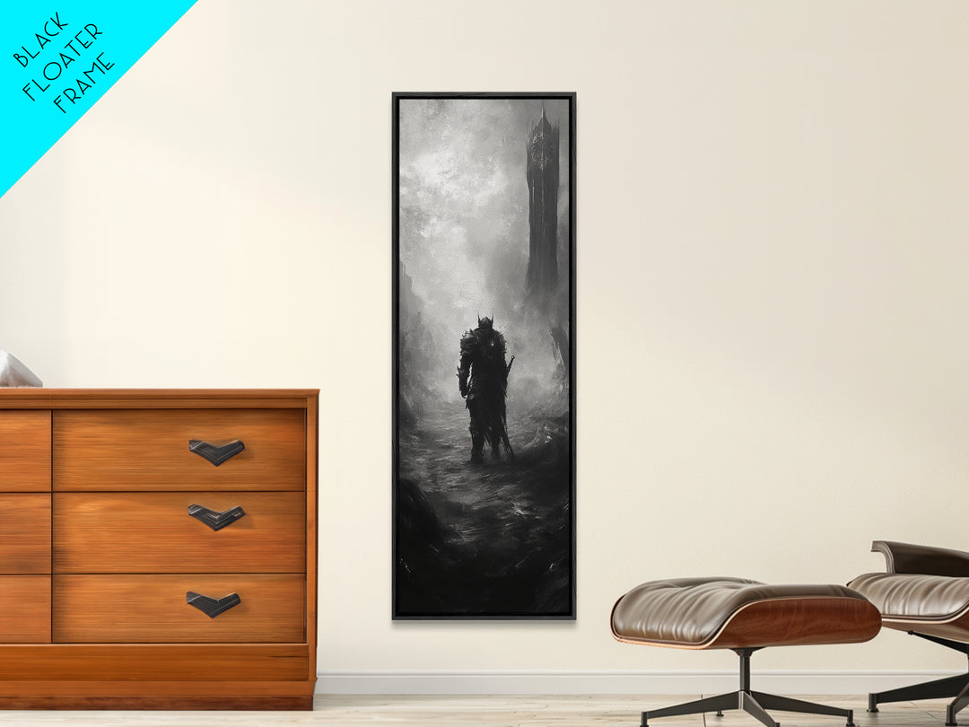 Lone Warrior Before Dark Tower Wall Art, Black And White Fantasy Print, Gothic Dark Art For Game Room Decor, Moody Statement Artwork