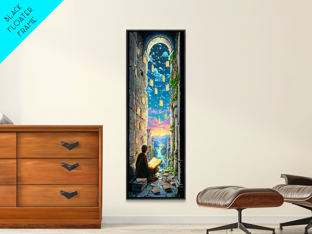 Scholar Reading Under Stone Arch Canvas Print, Floating Pages Fantasy Wall Decor, Magical Library Art For Book Lovers Gift
