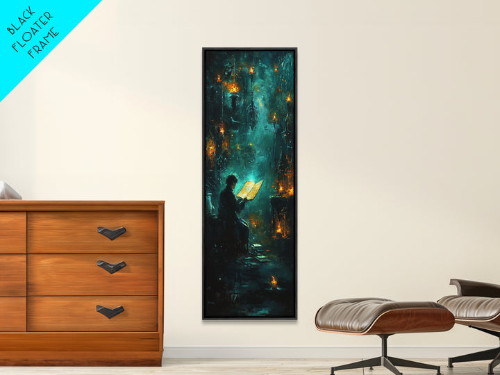 Glowing Book In Enchanted Forest Wall Art, Dark Fantasy Reading Nook Decor, Mystical Teal Library Print For Book Lovers Gift