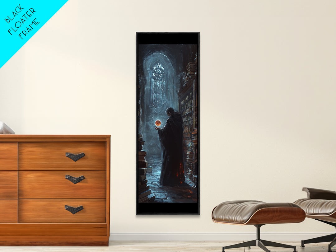Cloaked Wizard In Gothic Library Framed Canvas Print, Dark Academia Fantasy Wall Decor, Mystical Bookish Art For Study Room Decor
