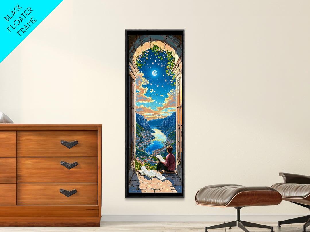 Reader In Arched Window Over Moonlit Valley Framed Canvas Print, Bookish Wall Art, Cozy Library Decor, Fantasy Art Print Gift