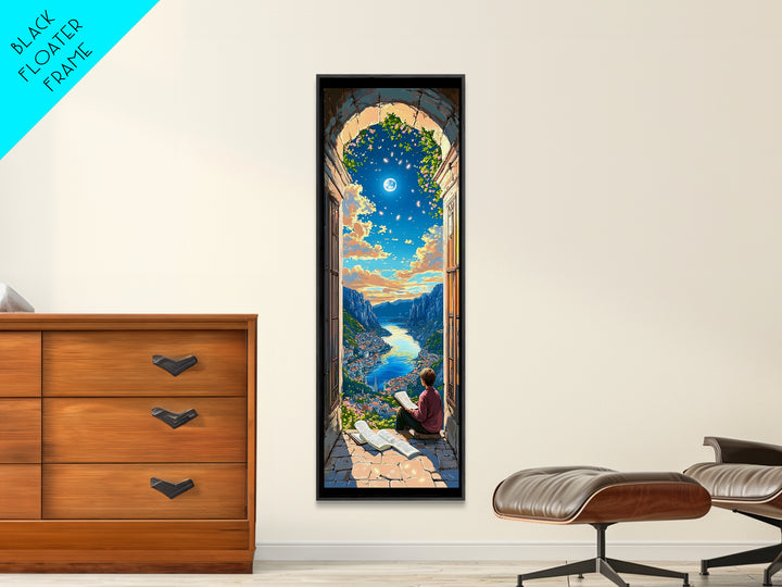 Reader In Arched Window Over Moonlit Valley Framed Canvas Print, Bookish Wall Art, Cozy Library Decor, Fantasy Art Print Gift