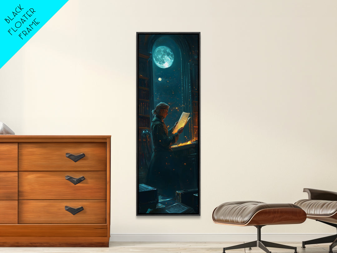 Moonlit Scholar Reading Ancient Scroll Canvas Print, Dark Academia Wall Art, Magical Library Decor, Book Lover Gift For Readers