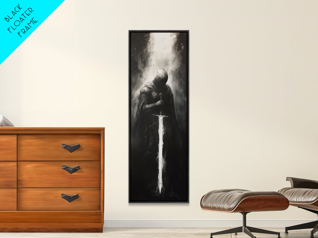 Hooded Knight With Glowing Sword Wall Art, Black And White Fantasy Print, Gothic Dark Academia Decor, Medieval Sword Art