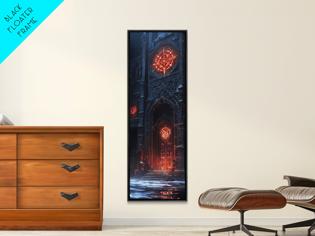 Glowing Gothic Cathedral Door Framed Canvas Print, Dark Fantasy Wall Art, Magical Architecture Decor, Occult Castle Poster