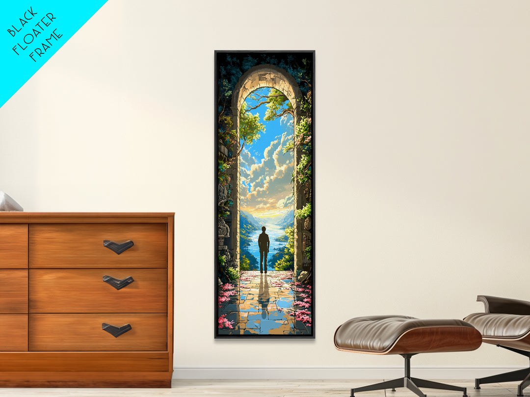 Solitary Figure In Sunlit Ocean Archway Framed Canvas Print, Coastal Fantasy Wall Art, Serene Landscape Decor Gift For Home