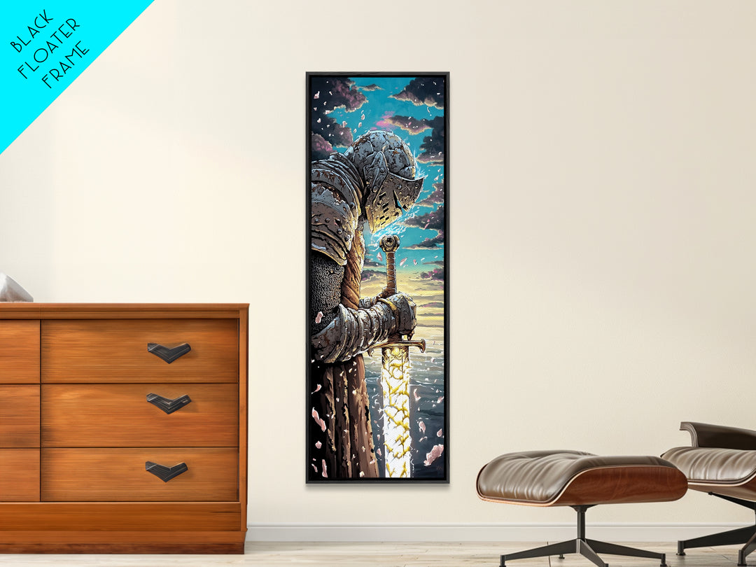 Weathered Knight With Glowing Sword Canvas Print, Medieval Fantasy Wall Art, Dark Academia Decor, Epic Warrior Artwork For Him