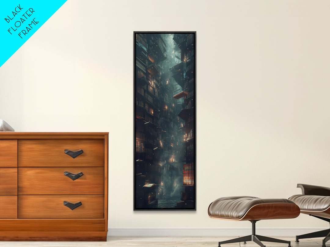 Towering Dark Library With Floating Book Wall Art, Moody Bookish Decor, Dark Academia Fantasy Print For Gothic Reading Nook