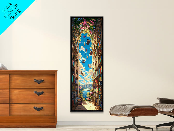 Blooming Library Arch With Floating Books Wall Art, Whimsical Book Lover Decor, Coastal Reading Nook Print, Colorful Art