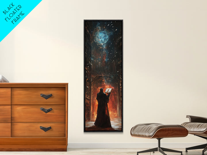 Wizard Reading Spellbook Under Celestial Orb Canvas Print, Dark Academia Fantasy Wall Art, Gothic Library Decor For Book Lovers