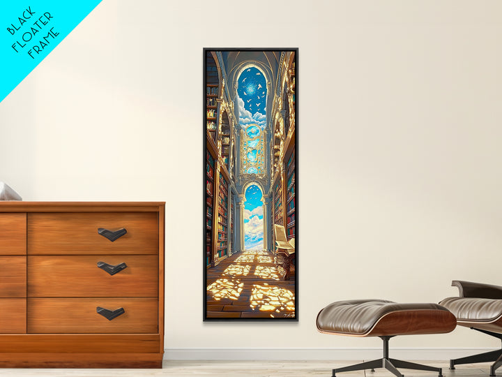 Grand Sunlit Library Hall With Celestial Blue Ceiling Framed Canvas Print, Bookish Wall Decor, Dark Academia Home Gift Decor