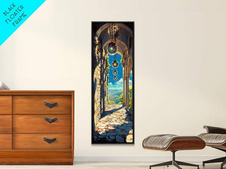 Sunlit Stone Archway With Floating Orbs, Mountain Valley Wall Art, Fantasy Landscape Canvas, Mediterranean Home Decor Print