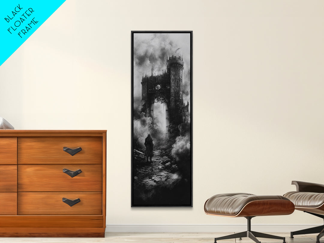 Black And White Gothic Ruin With Lone Wanderer Wall Art, Dark Academia Canvas Print, Moody Castle Home Decor Gift For Him
