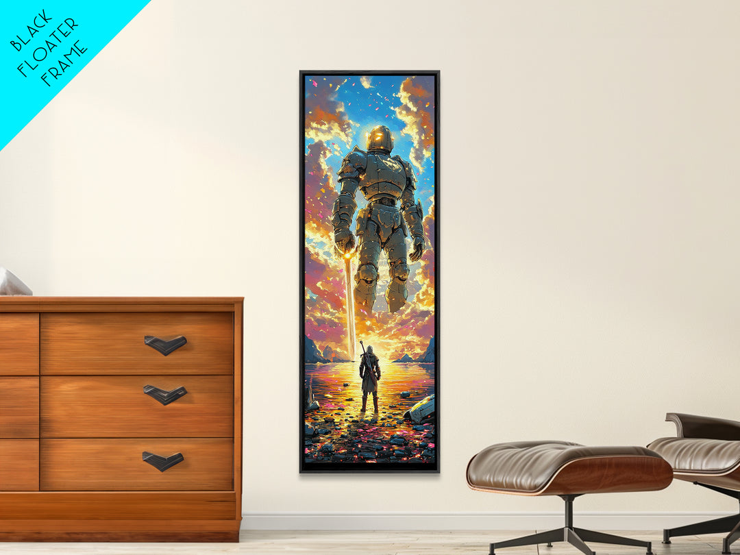 Golden Armored Colossus And Lone Warrior Framed Canvas Print, Epic Fantasy Wall Art, Vibrant Sunset Gaming Room Wall Decor