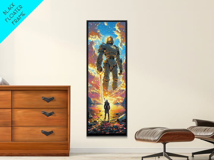 Golden Armored Colossus And Lone Warrior Framed Canvas Print, Epic Fantasy Wall Art, Vibrant Sunset Gaming Room Wall Decor