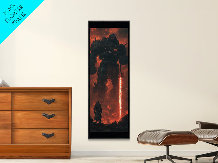 Dark Fire Titan With Crimson Sword Canvas Print, Epic Fantasy Wall Art, Demon Warrior Art Print, Gothic Gaming Room Decor