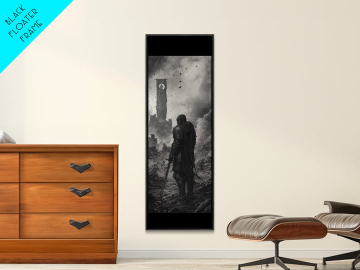 Black And White Lone Knight Near Ruined Tower Wall Art, Dark Fantasy Print, Medieval Landscape, Gothic Office Wall Decor