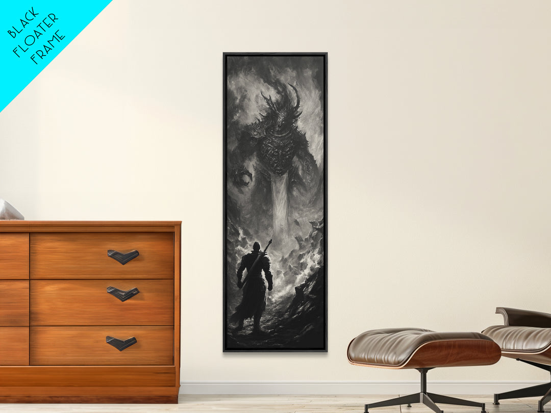 Monochrome Horned Demon Facing Warrior Framed Canvas Print, Dark Fantasy Wall Art, Gothic Black And White Art Decor For Office