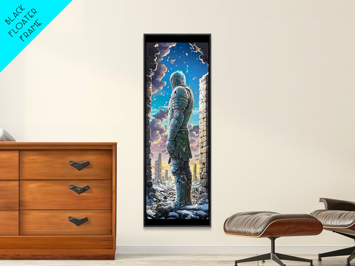 Snowy Armored Knight In Ruined Stone Gate Canvas Print, Fantasy Wall Art, Blue Winter Landscape, Medieval Home Wall Decor