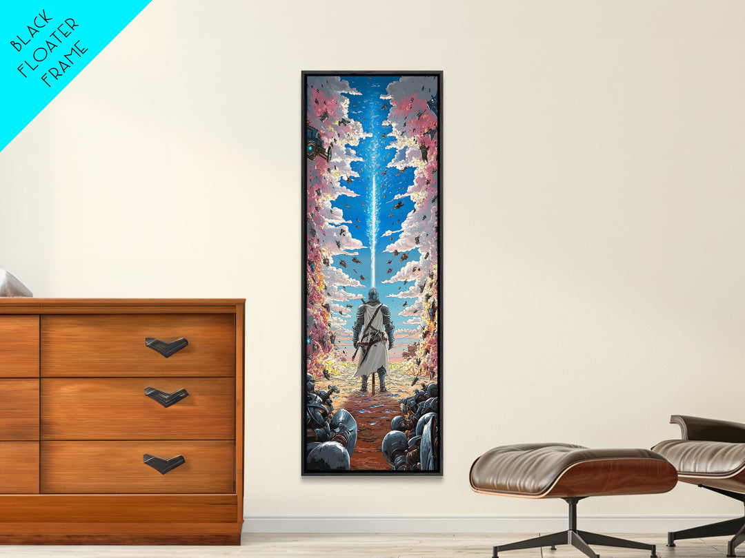 Silver Knight Beneath Celestial Blue Beam Wall Art, Epic Fantasy Print, Cherry Blossom Sky, Vibrant Gaming Room Wall Decor