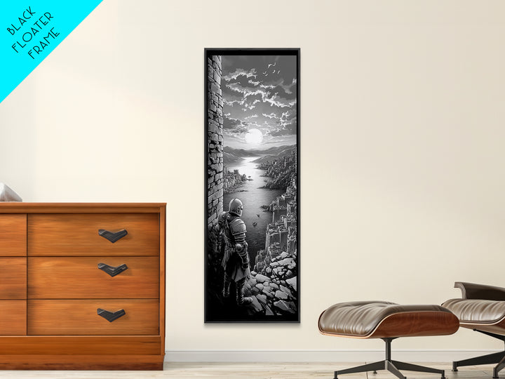 Black And White Knight Over Coastal City Wall Art, Medieval Seascape Print, Gothic Landscape, Fantasy Living Room Wall Decor