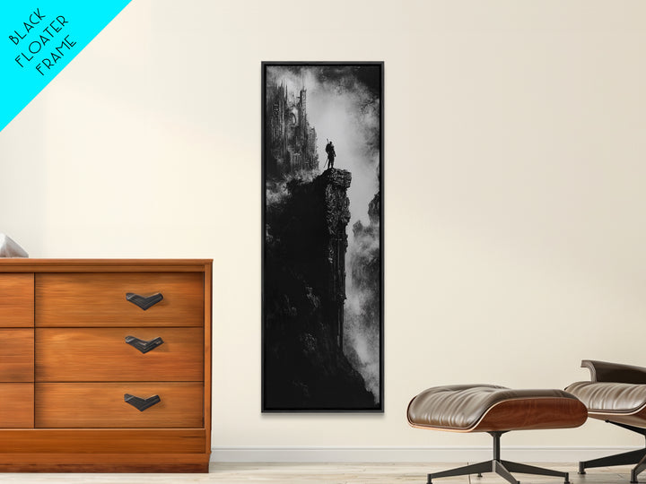 Lone Warrior On Gothic Cliff Wall Art, Dark Fantasy Castle Print, Black And White Canvas, Moody Medieval Decor, Fantasy Gift For Him