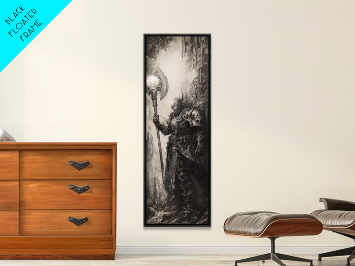 Armored Knight With Glowing Axe Framed Canvas Print, Gothic Fantasy Wall Art, Black And White Medieval Office Decor, Gift For Him
