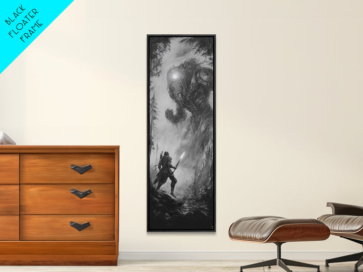Warrior Facing Forest Giant Wall Art, Black And White Fantasy Canvas Print, Dark Surreal Creature Decor, Gothic Gift For Him