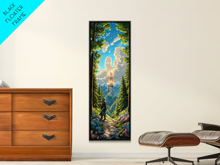 Knight In Sunlit Forest Tower Wall Art, Fantasy Landscape Canvas, Medieval Adventure Decor, Epic Mountain Living Room Print