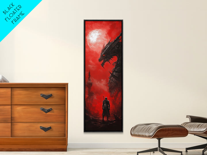 Black Dragon Red Moon Wall Art, Dark Fantasy Canvas Print, Gothic Warrior Decor, Medieval Monster Living Room Artwork Gift