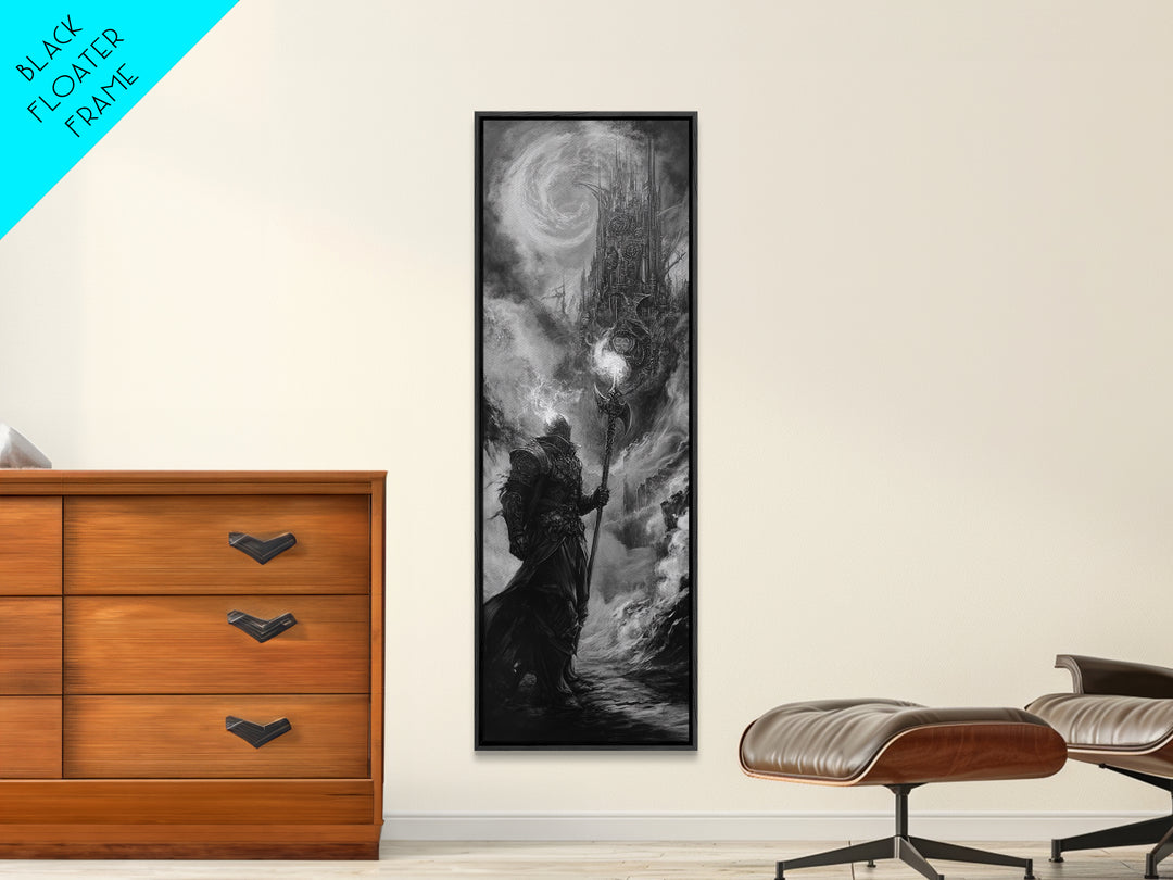 Storm Wizard And Dark Citadel Wall Art, Black And White Fantasy Canvas Print, Gothic Sorcerer Decor, Medieval Office Art