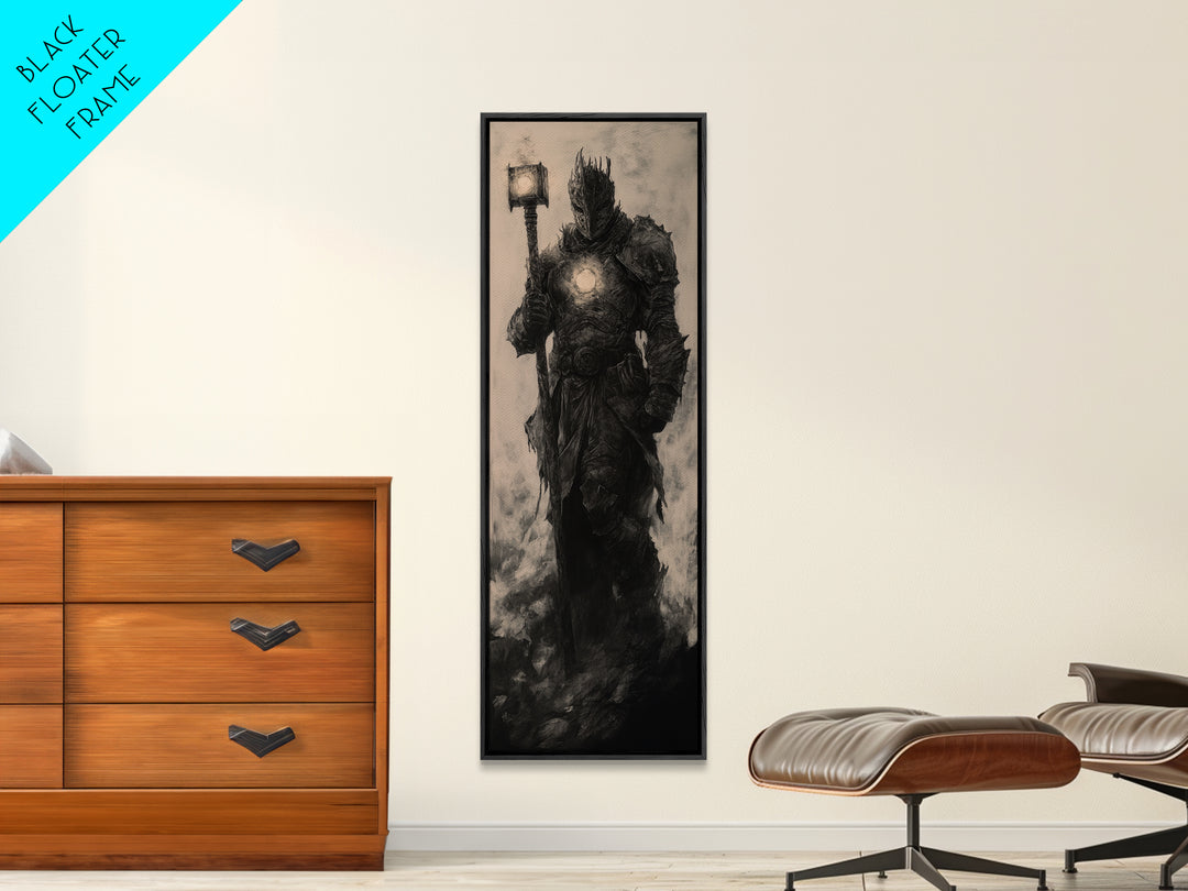 Dark Armored Knight With Glowing Lantern, Gothic Fantasy Wall Art, Black And White Medieval Canvas, Dark Academia Decor Print