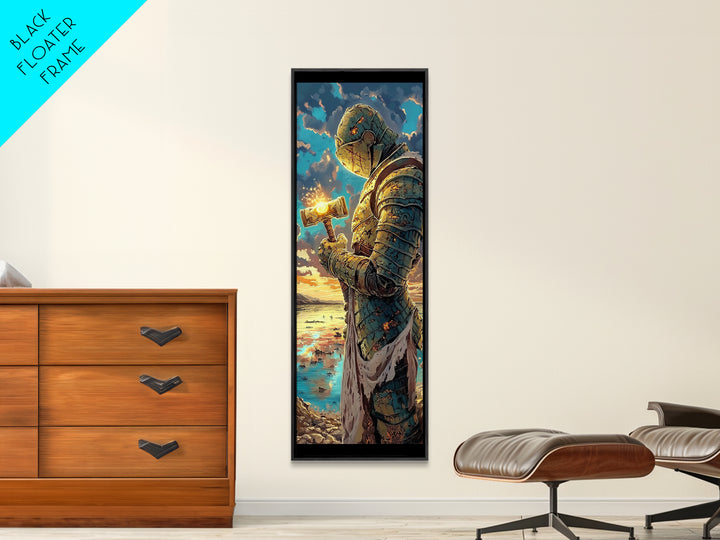 Sunset Templar Knight Holding Glowing Hammer, Fantasy Framed Canvas Print, Medieval Coastal Wall Decor, Gift For Him, Living Room Art