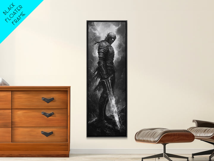 Storm Worn Dark Knight With Lightning Sword, Black And White Canvas Print, Gothic Fantasy Wall Art, Moody Medieval Decor