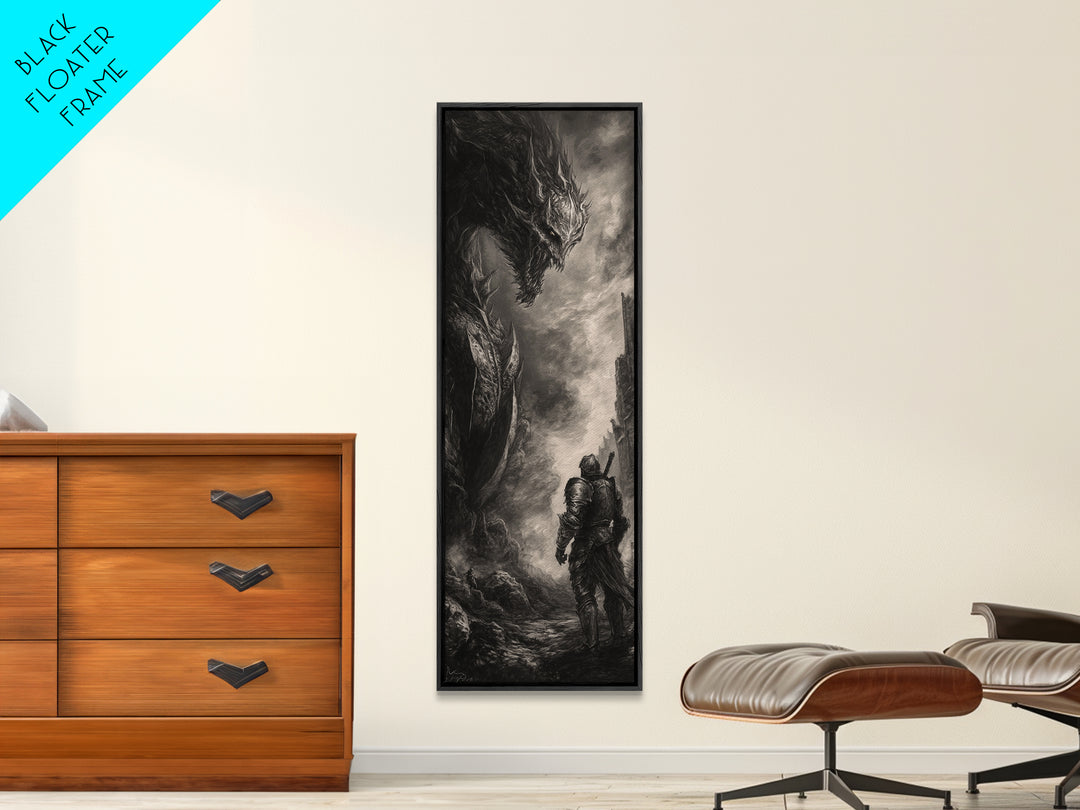 Lone Knight Facing Ancient Dragon In Ruins, Dark Fantasy Wall Art, Black And White Medieval Canvas, Gothic Office Decor Print