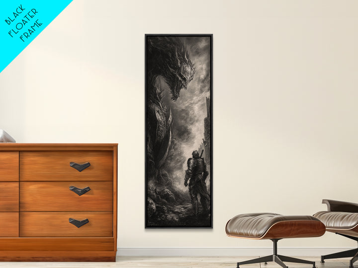 Lone Knight Facing Ancient Dragon In Ruins, Dark Fantasy Wall Art, Black And White Medieval Canvas, Gothic Office Decor Print